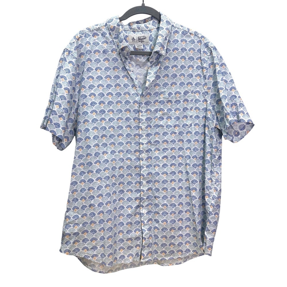 Original Penguin Mens XL Blue Orange Fan Print Linen Cotton Short Sleeve Shirt